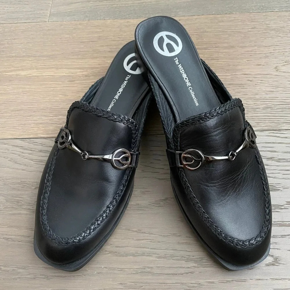 The Wishbone Collection Black Leather Slip-On Mules